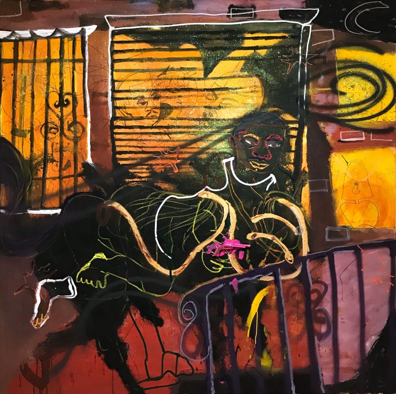 A scene of a dark night, a black horse and black rider in front of a warm, lighted house with a loving couple embracing inside behind the blinds.