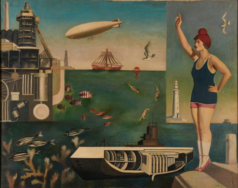 Surrealist painting of a woman in a 50's style bathing suit and ballerina slippers, hailing something out of view with her right arm, in front of a seascape with floating fish and sailing and flying vessels, both modern and old fashioned.