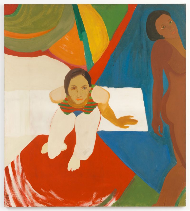 Colorful oil painting of two women, one seated and painted from above, the over standing and captured from the side, on a background of large colorful shapes. 