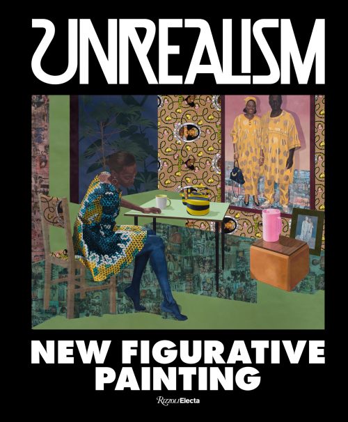 Book cover for "Unrealism: New figure Painting" featuring a painting of a Black woman sitting at a table in front of a portrait of a Black couple, looking down at her right shoe.