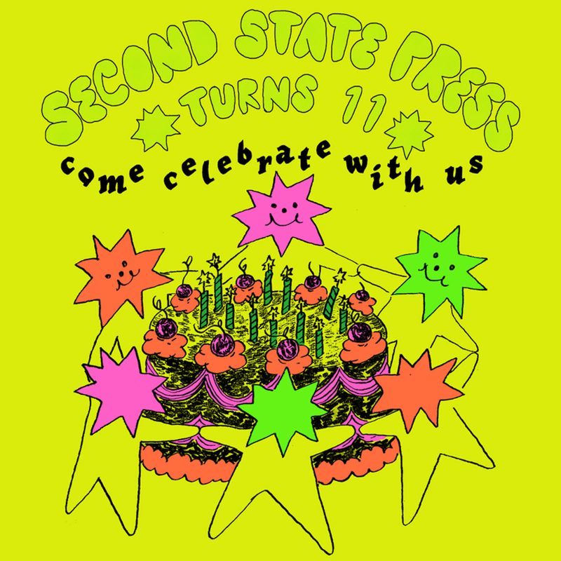 A bright-colored poster with jaunty words and star-headed people smiling and holding hands in a circle surrounding a decorated birthday cake with 11 candles. 