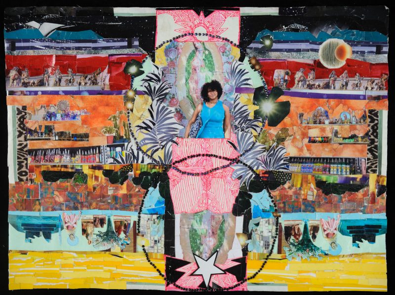 Abstract collage artwork with a Venn Diagram in the center, which contains a woman with brown skin and black curly hair posing in front of a painting of Jesus Christ in one circle, and the same portrait of Jesus Christ in the other, but in this version, Jesus's face is covered by a star; surrounding the Venn Diagram are strips of color with religious imagery in them.