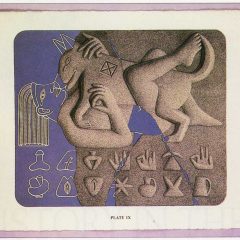 Print of a fictional archeological artwork of an Egyptian style cat straddling a woman whose arms and legs are wrapped around the cat.