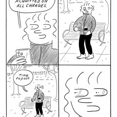 A four-panel comic with two panels on top and two on the bottom, showing a woman, outside, looking at her phone and happy and beaming, then tearing up as if realizing something sad.