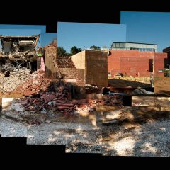 Photo collage of a demolition site, with a still intact staircase next to a pile of rubbish and bricks.
