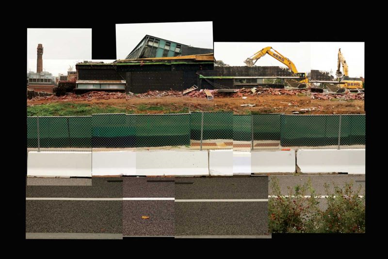 Photo collage of a demolition site, featuring a crumpled, half torn down building captured from across the street, outside of a fence.