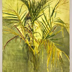 A bright green and yellow painting of a palm-like plant seen through dark grey-green rocks.