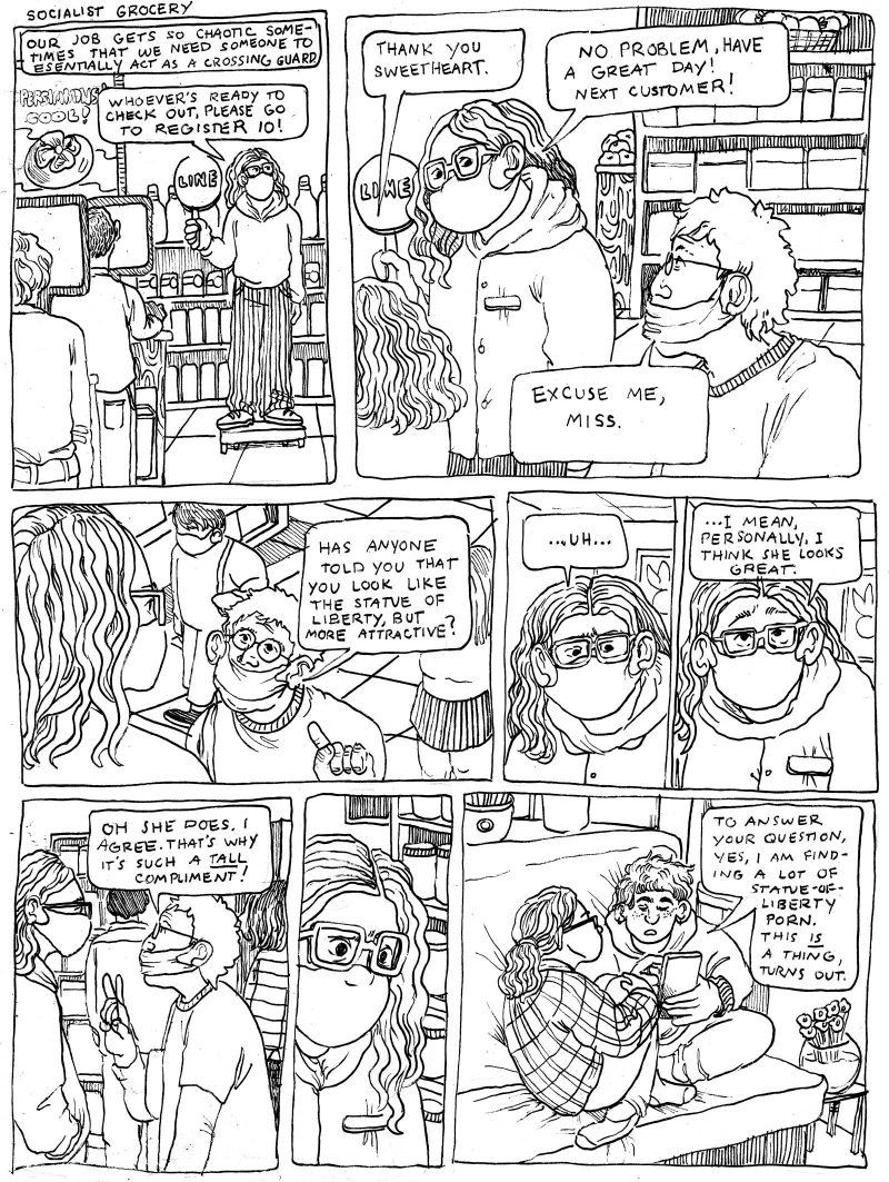 Seven-panel "Socialist Grocery" comic in which a customer compares Sebastian to a more beautiful Statue of Liberty, after which Sebastian and his friend discover that Statue-of-Liberty Porn exists.