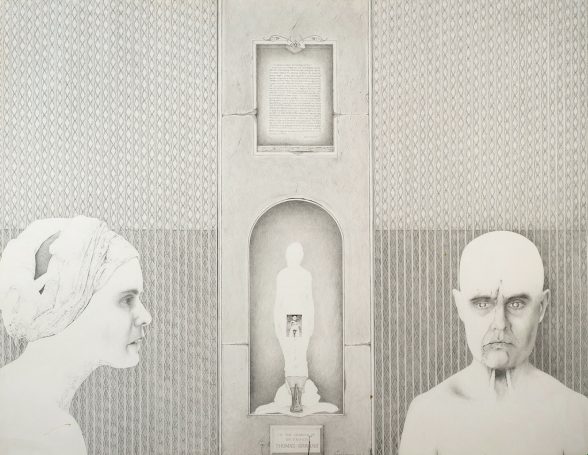 Drawing of a woman (left) and a man (right) framing a central panel, a memorial sculpture with a small nude drawing over the sculpture's genitalia, the wall to the left and right of the panel is highly patterned.