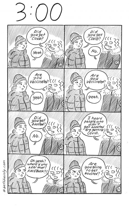 Eight-panel comic shows two women standing outside and talking about Covid, vaccinations and boosters. One woman wears a hat and she gets increasingly angrier as the conversation goes on.