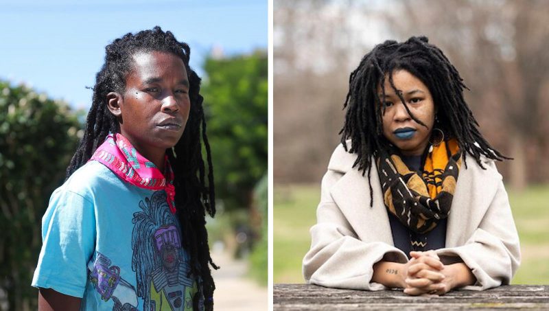 A Black artist with tied back long braided hair wearing a blue shirt and pink neck scarf, posing seriously on a tree-lined path (left); A Black artist with shoulder-length braids wearing a white winter coat, a scarf, and blue lipstick, sitting at a wooden table in a park in fall (right)