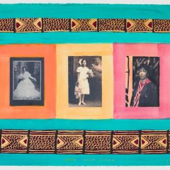Mixed media watercolor and photograph collage with a bright cerulean background, an orange border, and three rectangles- (left to right) orange, yellow, red; with three photographs (left to right) Emma Amos' grandmother, her mom, Amos herself.