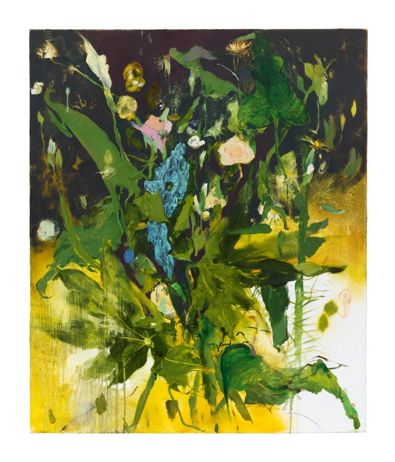 Ethereal, textured and succulent rendering of a bouquet of flowers in an analogous palette of predominance of green, yellow and blue;  with a background that changes from yellow to dark gray-black.