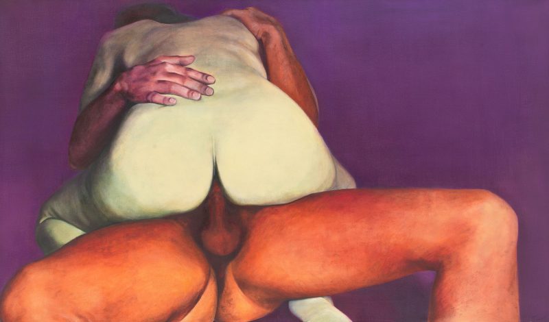 Oil painting depicting penetrative sex between a person with a penis (on the bottom) and a person with the vagina (sitting on them), captured from behind and in between their legs