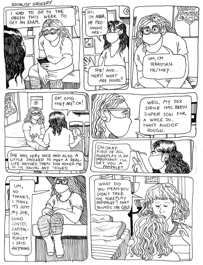 8 panel comic from the series "Socialist Grocery," in which Sebastian has an awkward experience at his OBGYN appointment. 