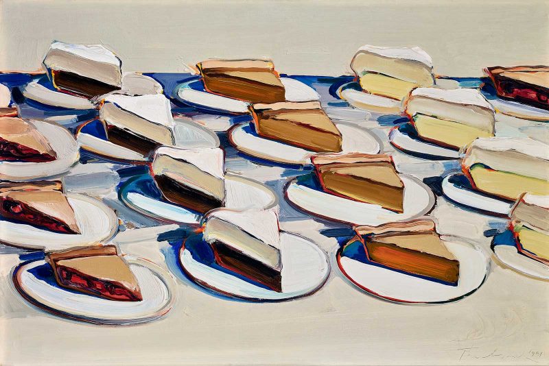 A painting shows a grid of bright colored pies, each on a white plate.
