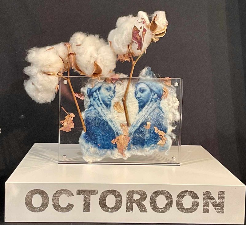 Blue rendering of a woman, mirrored so that two of them face each other, pressed between two planes of glass that are emerging with stems that bud botton balls; the portraits sit on a white pedestal that says "OCTOROON" on the front face.