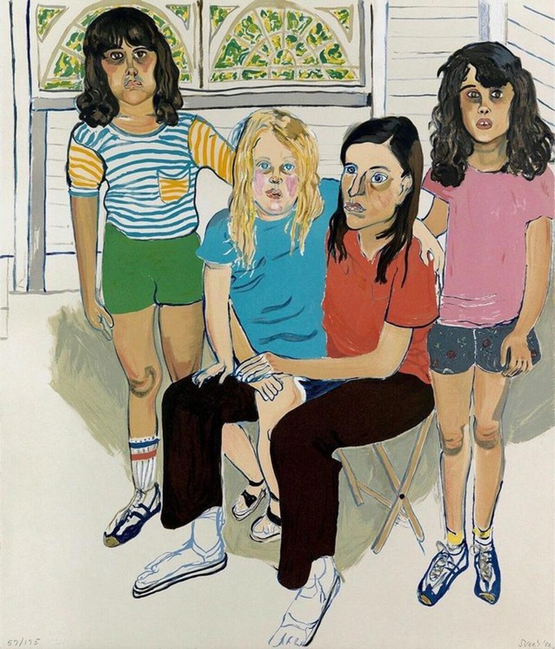Figure painting of four females, in the center a mother with a blonde child on her lap, two older girls with shoulder-length brown hair on either side with their arm around the mother.
