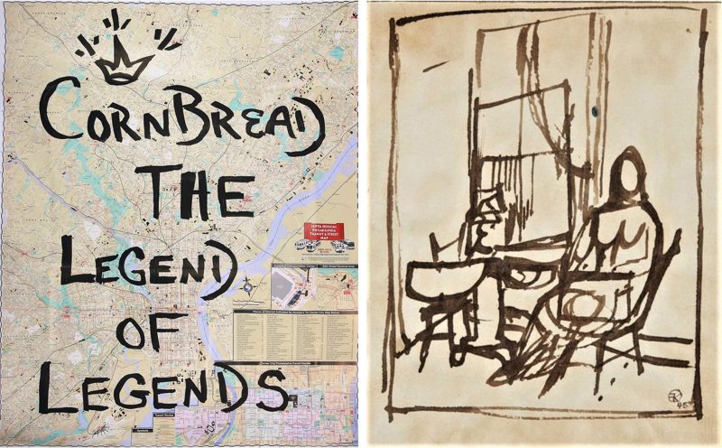Two artworks side by side; left, a map of Philadelphia with "cornbread the legend of legends" written in black marker on top; right, a ink figure drawing in an interior space near a window.