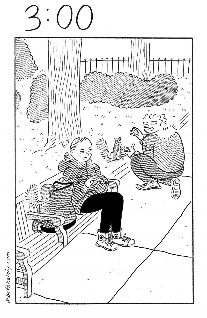 One-panel black and white comic with two women interacting with squirrels in a park, where one woman is actively feeding a squirrel and the other is accidentally feeding a squirrel that hopped into her bag without her seeing it.
