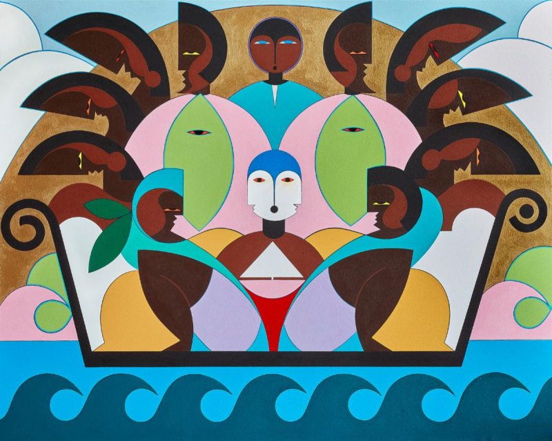 Colorful symmetrical painting with a center image of a stylized white two faced head surrounded by stylized Black faces and bodies in profile enclosed in black line suggesting a boat with stylized blue waves underneath it.