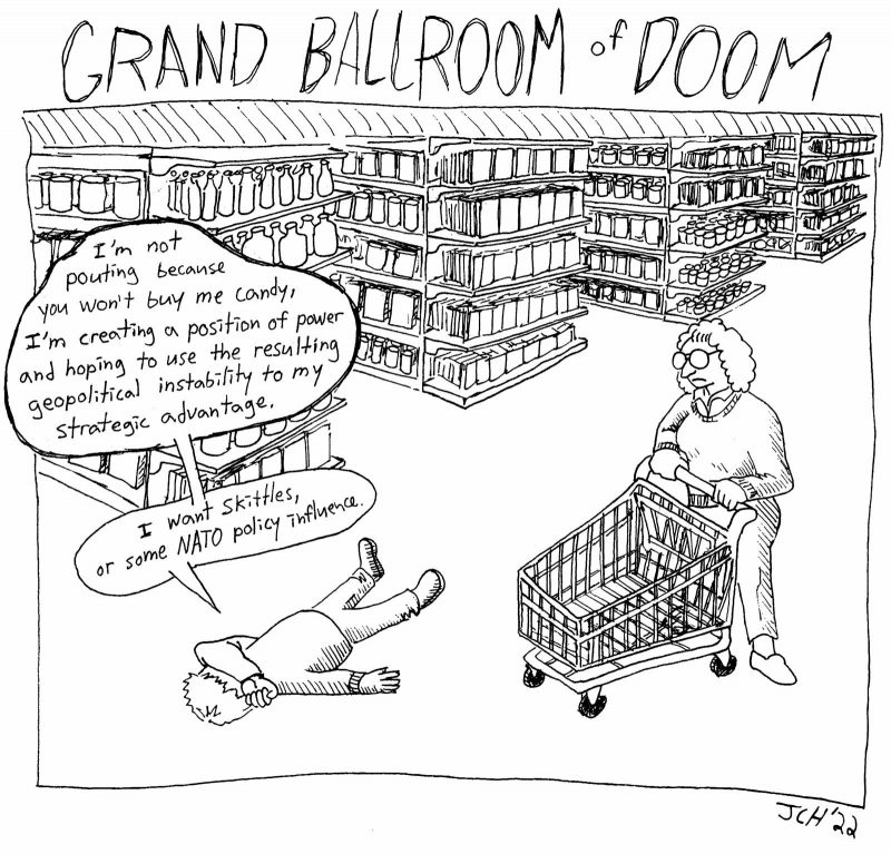 One panel comic from the satirical Artblog comic series "Grand Ballroom of Doom," in which a little boy is laying on the floor of a super market with his arm over his eyes, as his mother stands impatiently nearby, clutching the shopping cart.