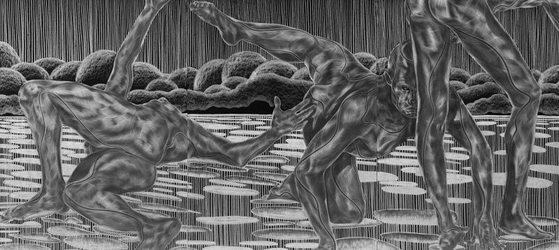Black and white drawing of three men in bent positions, their limbs overlapping in areas, on top of an intricate textured background stylized with stark darks and lights, thin vertical lines