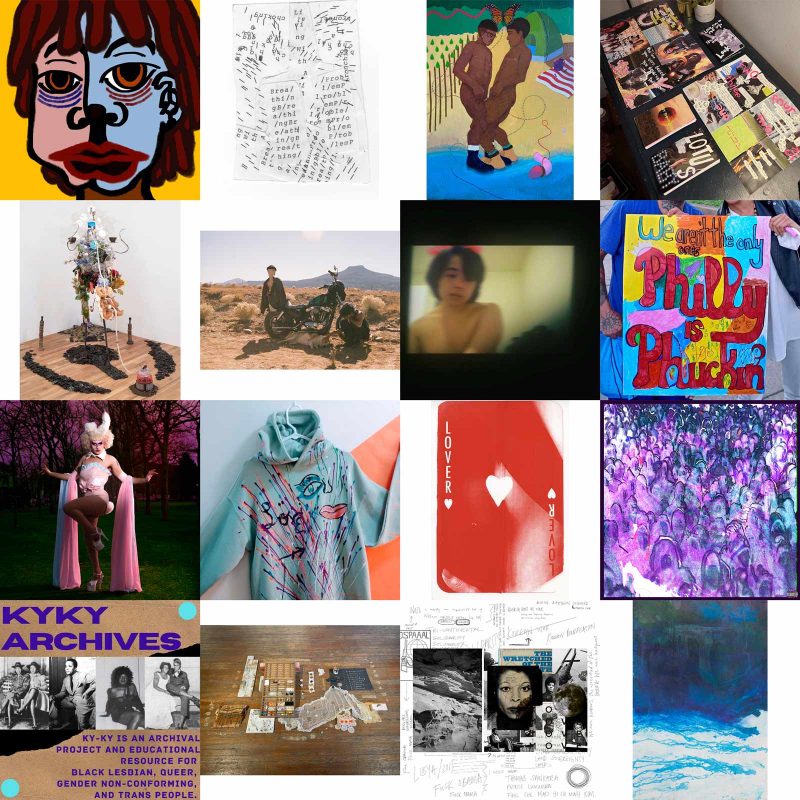 A square collage of the 16 recipients of the P(h)ew Microgrant. Each artist, organized alphabetically by first name, is represented by a single square image (four rows by four) depicting a part of their practice. The images range from illustration, painting, collage, installation, album covers, clothing, photography, infographics, and documentation of work in progress