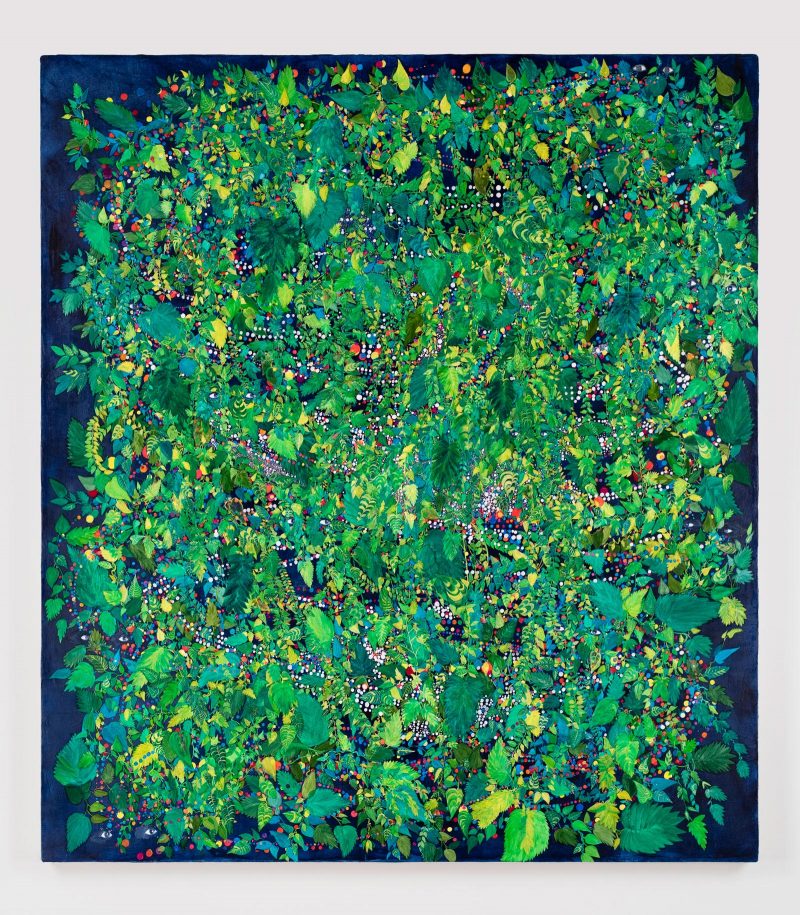 Abstract painting of a mass of small intricately painted green foliage, inrespersed with small dots of varying rainbow colors within the negative space, on a dark blue background.