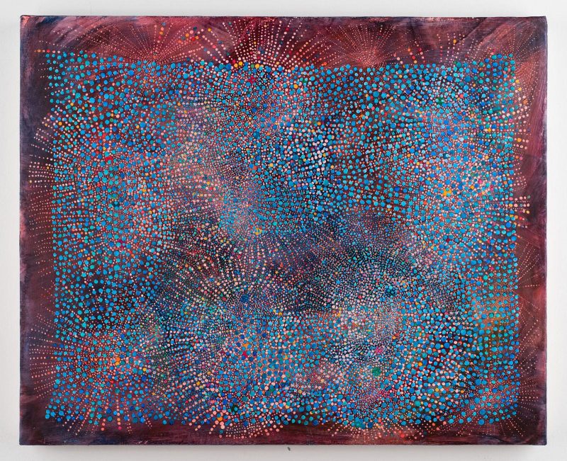 Abstract painting of small intricate dots, varying in colors such as blues, blue-greens, oranges, and reds, making a rectangular mass on top of a washy plum and blue background.