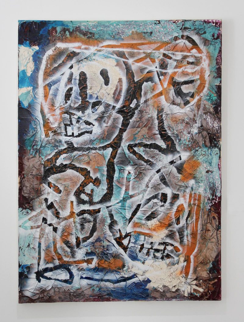 Abstract painting with blues of varying shades, oranges, and browns, painted onto a crumply textured surface, with areas that are masked to reveal bold colors, where white spray paint was applied in others.