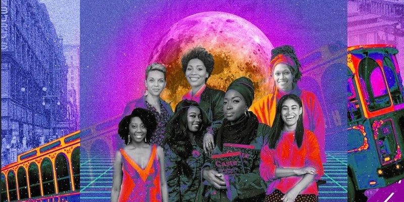 Photo collage of seven Black women; behind them is a moon (center) and a trolley car (layered behind it).