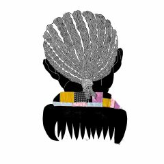 Print depicting the back of a Black woman's head, who has intricately detailed braids pulled back into a small ponytail; fabric collage of patchwork resembles a collar; her shoulders are abstracted into a hair comb.