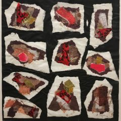 Collage with jagged white patches, with brown, red, and olive green textures inside of them, on a black background.