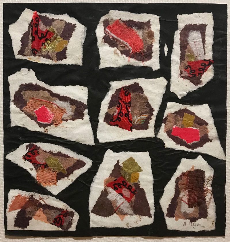 Collage with jagged white patches, with brown, red, and olive green textures inside of them, on a black background.