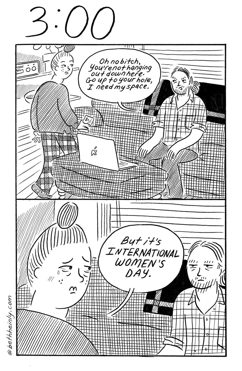 Two-panel, black and white comic showing a domestic scene at night with a man and a woman arguing over who can sit on the living room couch.