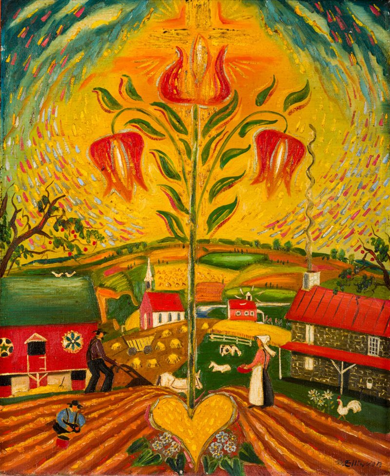 Landscape painting of a field on a farm, with a barn and house and two workers in the foreground, and a chapel and another home in the rural background, with animals grazing about. In the center of the painting in the foreground is a yellow plot of land in the shape of a heart, with a tall rose with three red buds emerging towards the bring sky lit golden by the sun.