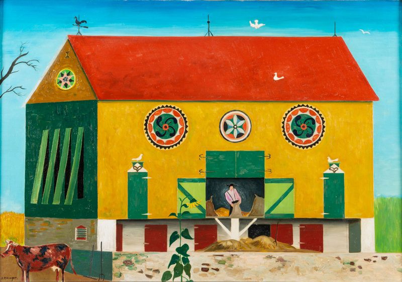 Painting of a colorful barn in a rural landscape, with a red roof, yellow front, green side, and white stables, with green doors open showing a person inside, and a cow to the left of the building. The barn has decorative circles with patterns inside on the front and side.