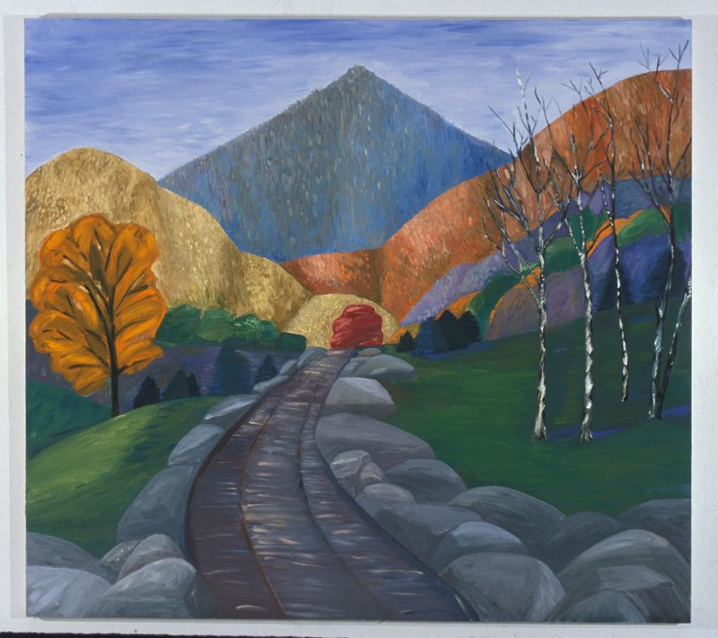Landscape painting of a tree-lined railroad leading to rolling hills, which are stylized as flat textured planes of color, against a faded blue-white sky.