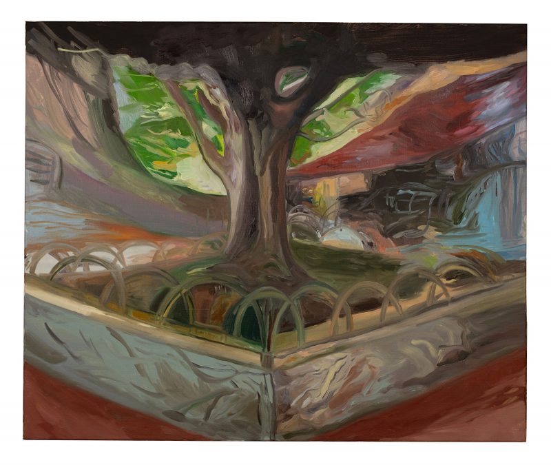 Landscape painting of a tree plotted in grass that's contained inside of a square cement barrier, with gestural suggestions of a red-roofed house and trees in the background.