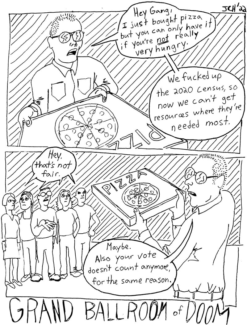 Two panel comic from the series "Grand Ballroom of Doom," in which a man with a shaved head, glasses, and a button-up shirt, talks to a crowd of people while holding a box of pizza, telling them that only people who aren't very hungry can have a piece, as a metaphor for the 2020 census, which because of skewed data, resulted in a lack of resources for those who need them the most. 
