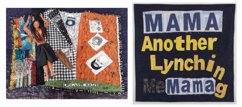 Two colorful images are separated by white space. They show two Black activist quilts honoring the Black Lives Matter movement and fallen Black men and women with words and imagery of the fallen.