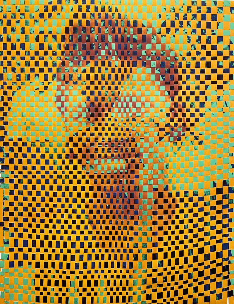 Abstract artwork made of woven paper of yellow, blue, and printed photos, creating a faint silhouette of a person.