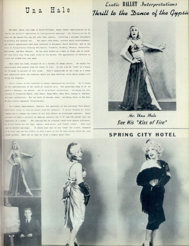 Black and white book page with the title "Una Hale," and small text in the top left, one photo of Una Hale posing in a dress in the top right of the page, and multiple in the bottom half, including one photo of David Ellinger (not dressed as Una Hale), posing by a canvas.