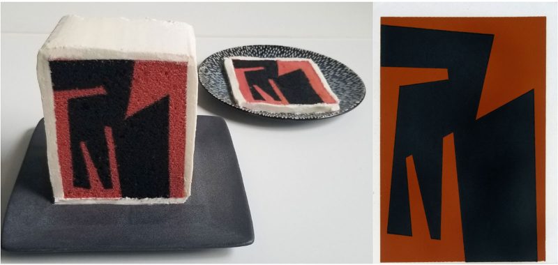 Side by side comparison of "Forma Negra," an abstract red and black artwork (right); and a piece of cake with white icing, inside of which is red and black cake mimicking the artwork (left).