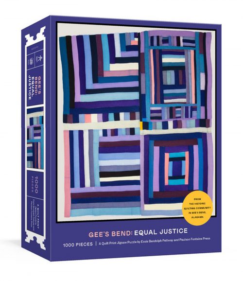 Purple puzzle box, 1,000 piece puzzle of "Gee'd Bend: Equal Justice," a quilt artwork with purple, blue, pink, and white stripes in different directions in four quadrants.