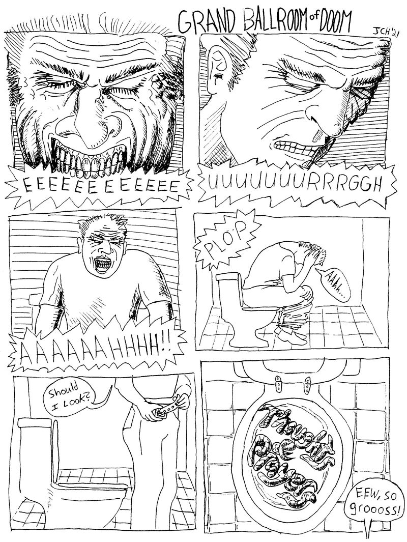 Six panel comic from the satirical series "Grand Ballroom of Doom," in which a close-up of a man's face in agony slowly zooms out to reveal that he is pooping; he debates looking into the toilet and when he does, the poop spells out the words "thoughts & prayers," to which upon seeing, he is disgusted.