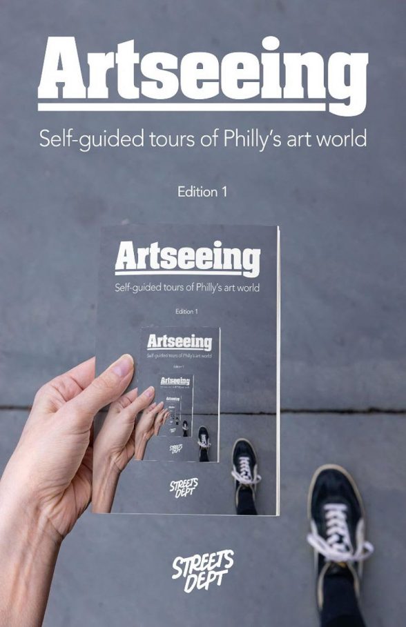 Booket cover for "Artseeing" from Streets Dept., featuring an image of Conrad Benner walking in vans skate high sneakers and holding the booklet, with the same picture inside of that booklet, and so on and so forth until it's too small to see. 
