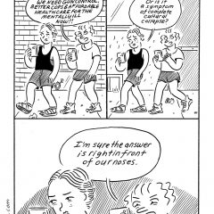 3 panel comic from the series "The 3:00 Book," in which two people walk side by side down the street in summer clothes looking at their phones and discussing what they're seeing; which is news about the latest school shooting. The person on the right, "annoying girl," is ranting about how to solve the issue- while the other person remarks that it's a symptom of cultural collapse.