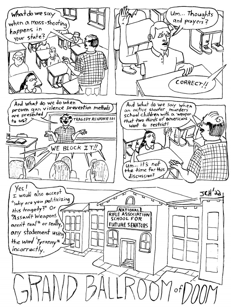 5 panel comic from the series "Grand Ballroom of Doom" in which a teacher from the "National Rifle Association School for Future Senators" lectures a classroom of adult students, who are sitting in open-front school desks, on how to respond to mass shootings; i.e. with thoughts and prayers but not with public discourse or legal action.